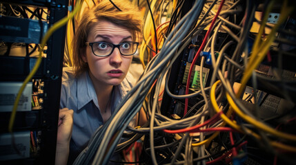 A lesbian technician staring in confusion at a tangled mess of network cables in a server room.