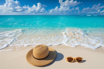 Chic sun hat and sunglasses on exotic beach embody relaxation and summer joy for travel ads