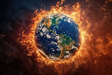 image shows a globe surrounded by a ring of fire and enveloped in fire. The surface of the earth was mostly blue and the ground was on fire. The picture has a dark background.