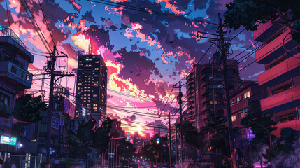 synth wave city in anime manga style, lofi vibes, morning sunrise