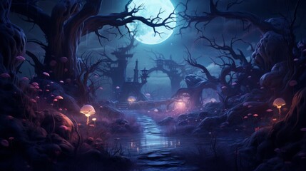 fantasy forest in moonlight, style Halloween , old tree