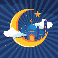 Vector illustration of beautiful Ramadan month banner.Cartoon scene of yellow crescent moon and mosque, palm trees, stars,clouds isolated on blue background.Muslims fast. Ramadan poster,greeting card.