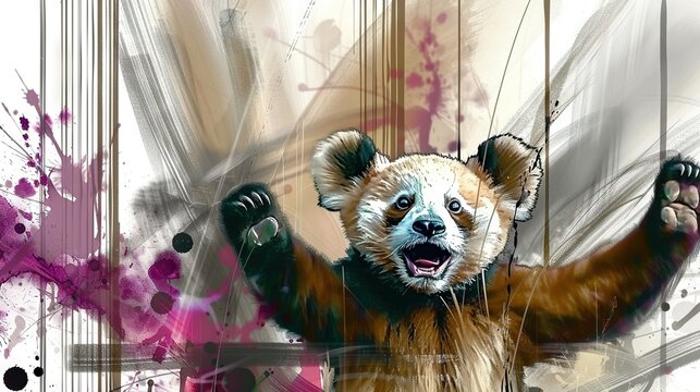  A painting of a brown bear with its arms raised and hands in the air