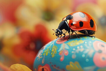 A close-up of a ladybug crawling on a freshly painted Easter egg, spreading luck and cheer.