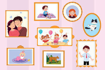 Vector illustration of a wall with family photos. Cartoon scenes of cute photos in a frame: hugs of lovers, a baby on a rug, a birthday, a cat, a dog, a girl and a boy, a child makes a constructor.