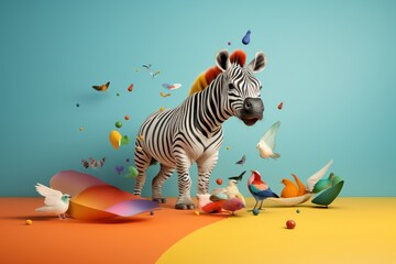Fototapeta premium Surreal Zebra with Colorful Birds