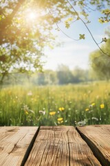 an empty wooden tabletop serves as a backdrop for product display against a blurred spring background
