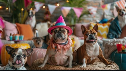 Group of adorable dogs wearing party hats and colorful collars gather for a joyous canine party. They display amusing expressions, surrounded by vibrant decorations and celebratory vibes