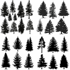 black tree silhouette set pure badge eco outline recreation breath emblem label protection graphic pine trunk woodland