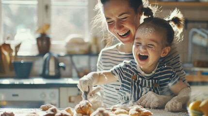 A mother and her child baking cookies in a bright kitchen - obrazy, fototapety, plakaty