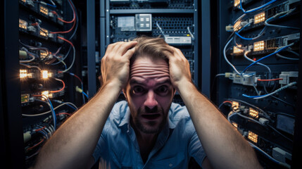 Technician holding his head in his hands in front of an open server cabinet with warning lights flashing.