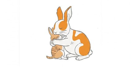   Drawing of a cat and a rabbit sitting together with one cat's paw resting on another cat's face