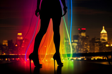 Silhouette of a pair of legs in high heels, framed by city lights in the background, with a rainbow trail behind them.