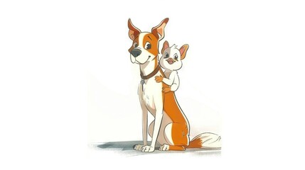 Obraz premium A dog and cat sit together in white background with The Fox and The Hound on their chest