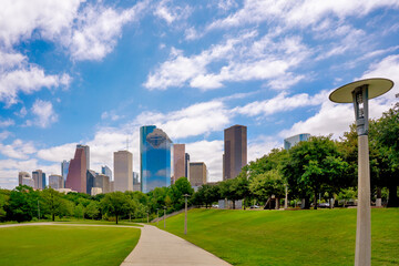 Houston, Texas, city skyline, View of downtown from Eleanor Tinsley Park, Buffalo Bayou. Urban green space.