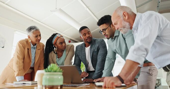 Business people, laptop and discussion in meeting in office with talking and creative decision making. Teamwork, professional employees and listen in boardroom for project feedback or brainstorming