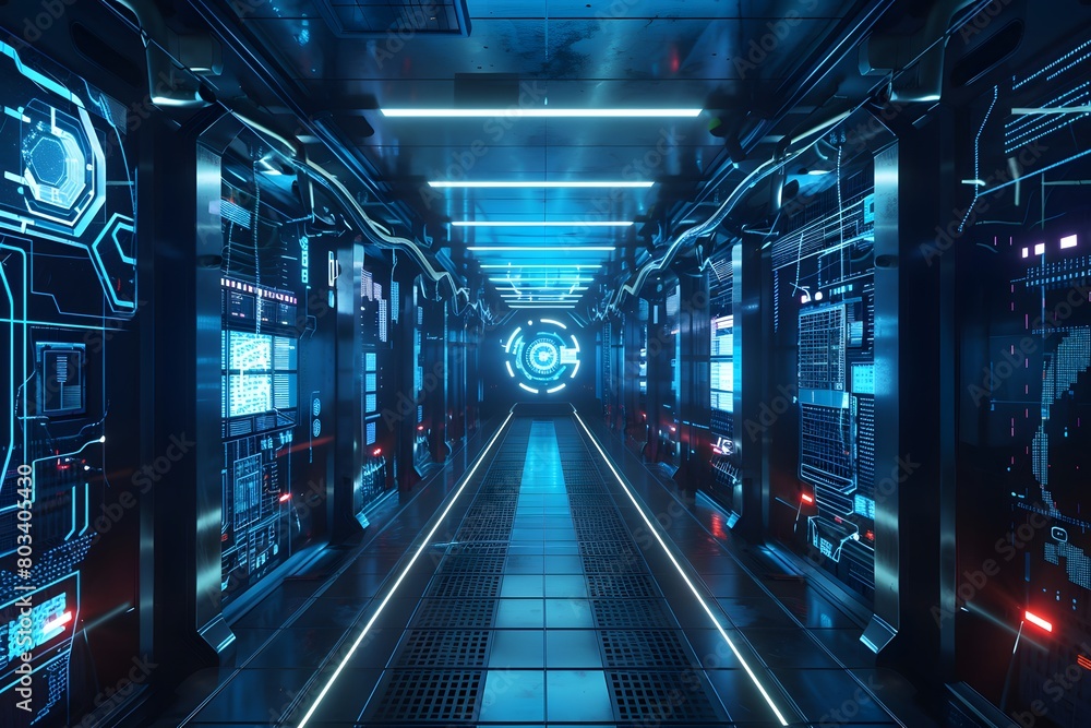 Poster futuristic server room corridor with illuminated digital panels and target symbol at the end. cybers