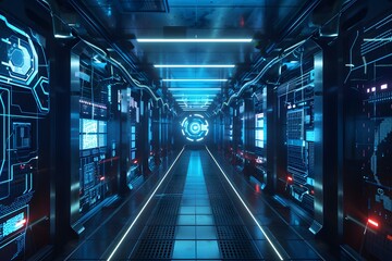Futuristic server room corridor with illuminated digital panels and target symbol at the end. Cybersecurity and advanced technology concept. Suitable for design about data protection and network infra - obrazy, fototapety, plakaty