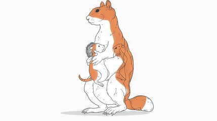 Obraz premium A drawing of an orange and white squirrel hugging a brown and white dog on its head