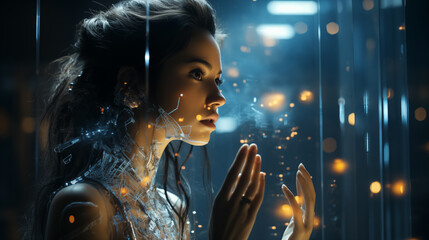 Engaging visual of artificial intelligence interaction with virtual interfaces, demonstrating how artificial intelligence processes information on a holographic projection