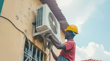 The Air Conductor: A Man in a Hard Hat Fixing an Air Conditioner