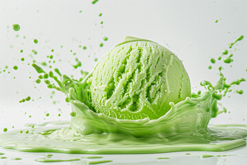 A mesmerizing composition of a levitating green ice cream scoop with a splash, isolated against a white backdrop.