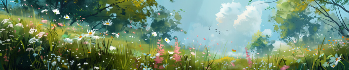 Spring Meadow with Flowers and Butterflies Banner