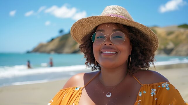 a woman wearing a hat and glasses on a beach with a blue sky