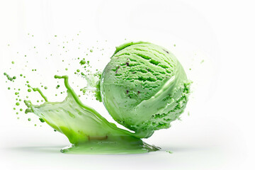 A mesmerizing composition of a levitating green ice cream scoop with a splash, isolated against a white backdrop.
