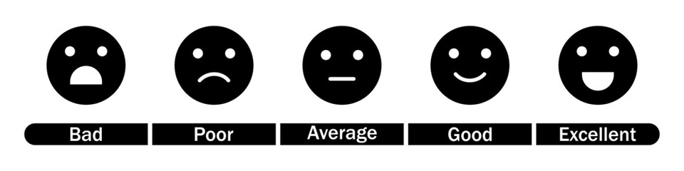 Fototapeta premium Feedback rating emojis vector icon set in black and white color. Set of feedback rating emojis icons. Excellent, good, neutral, bad and very bad emojis. Vector illustration.