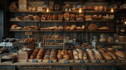 Various types of delicious bread on the shelves of the bakery. Delicatessen, home-made bread, prepared in the traditional way.