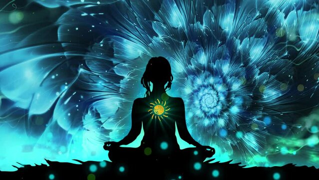 meditation, silhouette of a girl in the lotus position on a blue flower background