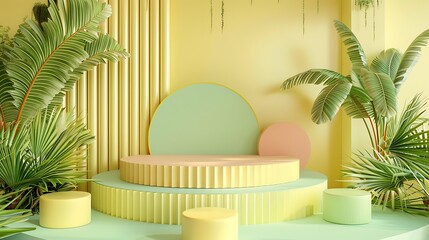 Podiums with beach theme with pastel yellow and green wallpaper