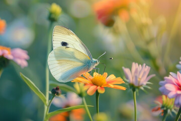 A close-up of a delicate butterfly resting on a vibrant wildflower.