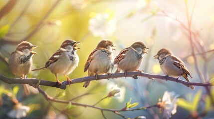 flock of small sparrow chicks sits among the blooming white branches of an apple tree in a spring park. AI generated illustration