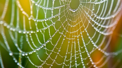 Spider web adorned with sparkling water droplets against a dark background