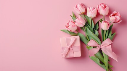 Enchanting Pink Tulip Bouquet With Elegant Gift Box on Soft Pink Background