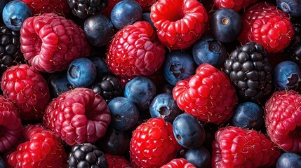   A pile of mixed berries, featuring blueberries and raspberries, is the focal point of this image