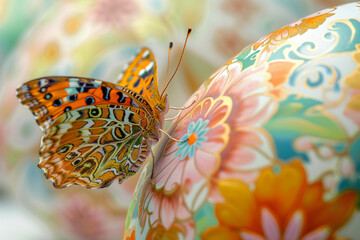A close-up of a delicate butterfly perched on the edge of an intricately designed Easter egg.