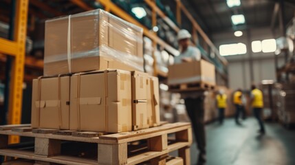 Logistics warehouse workers using forklifts to move pallets