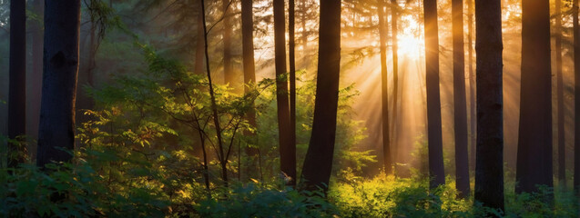A new day begins, the forest illuminated by the first rays of sunrise, painting the sky with hues of warmth and hope.