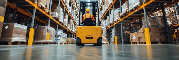 Logistics warehouse workers using forklifts to move pallets