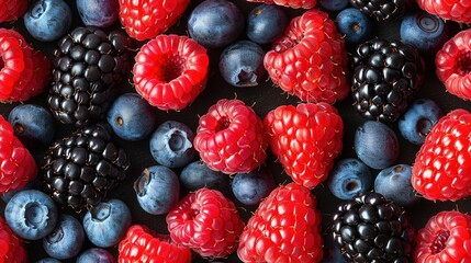   Raspberries, blueberries, and raspberries are arranged in a pattern on a sheet of paper