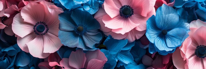 Blue and pink flowers in a close up composition
