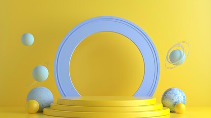 Step stage podium with saturns and blue arch on yellow background