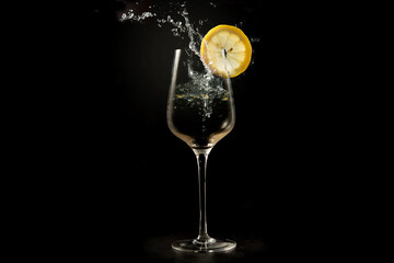transparent liquid pours into a glass glass, splashes fly. a slice of lemon on a glass