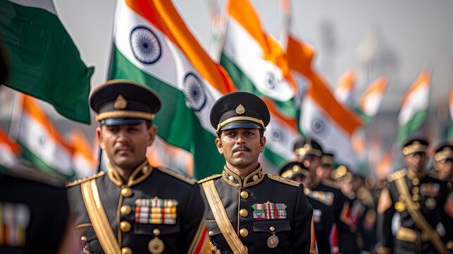 Indian Army Officers in Uniform with National Flags at Parade