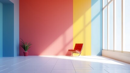 The room has white floor pink green and blue wall yellow and orange stait furnished with red chair