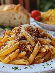 White Plate Topped With Penne Bolognese and Parmesan
