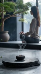 Woman Practicing Meditation in Modern Setting. Calm woman meditating by a bonsai tree, with a smoke from an incense burner.
